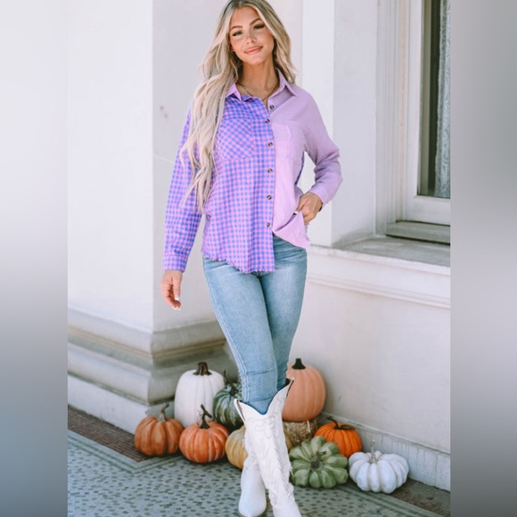 Lightweight Purple & Pink Checkered Plaid Button Down Top, Frayed Hem - Picture 13 of 15